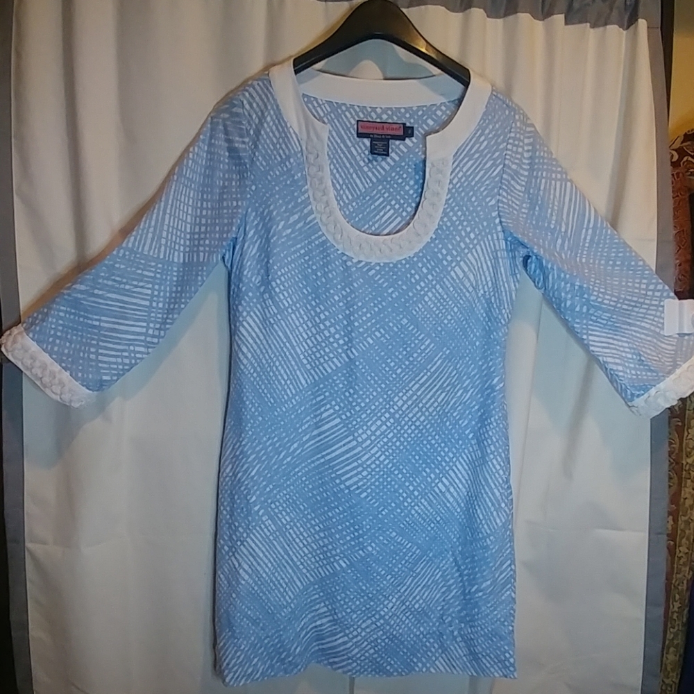Vineyard Vines Blue Linen Dress Braid deta…